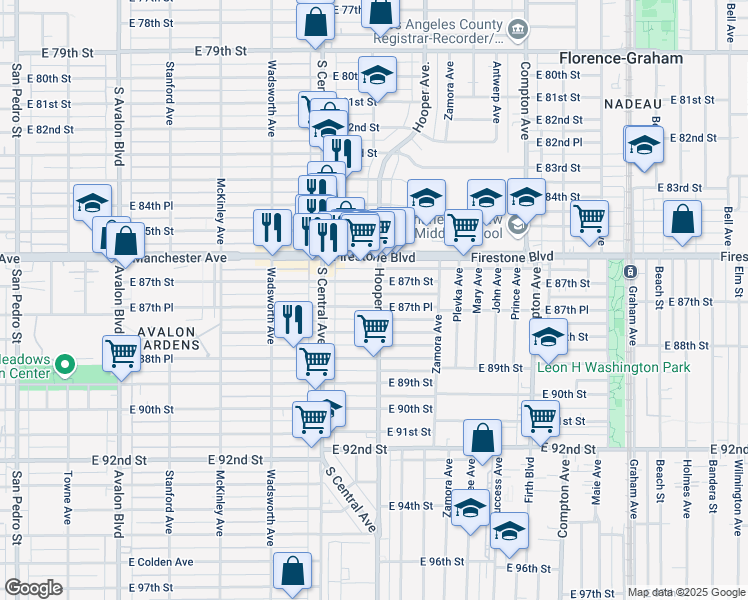 map of restaurants, bars, coffee shops, grocery stores, and more near 8725 Hooper Avenue in Los Angeles