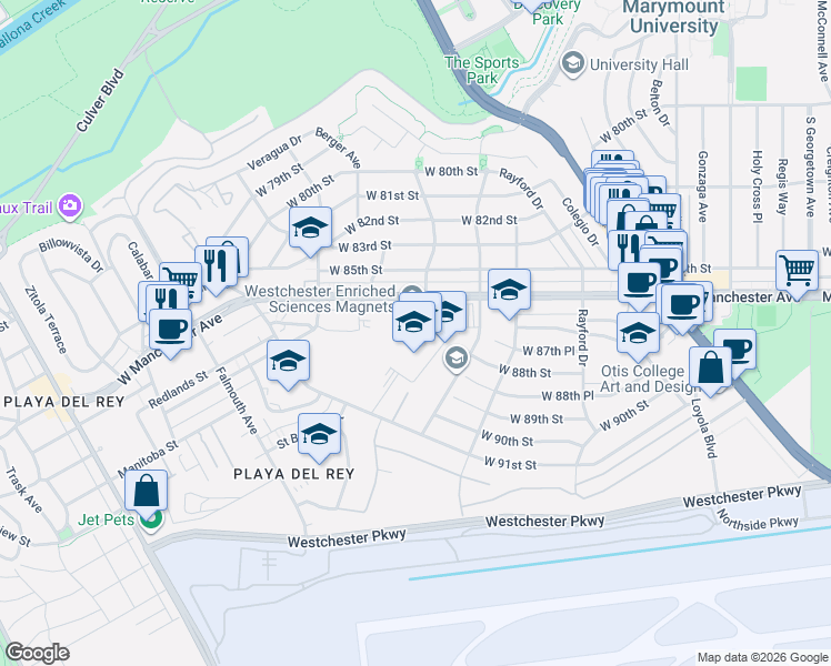 map of restaurants, bars, coffee shops, grocery stores, and more near 7400 West Manchester Avenue in Los Angeles