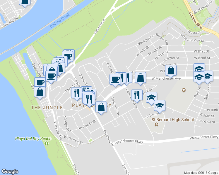 map of restaurants, bars, coffee shops, grocery stores, and more near 8220 West 83rd Street in Los Angeles