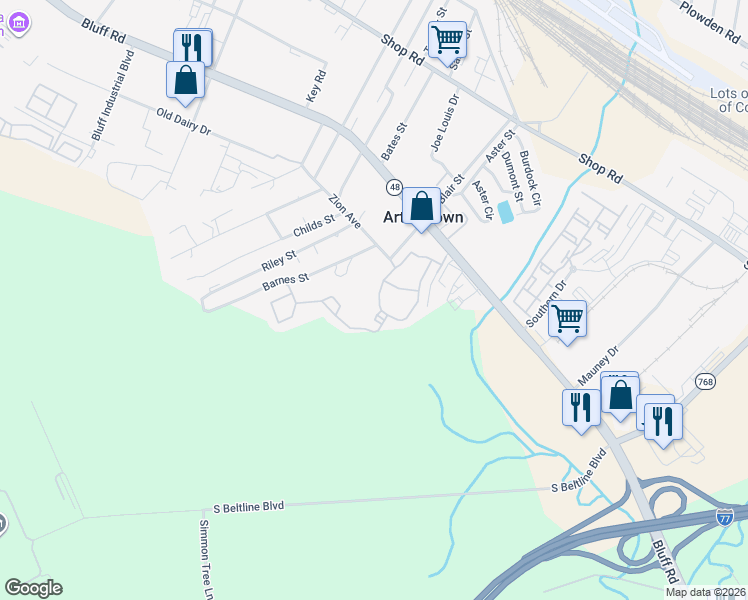 map of restaurants, bars, coffee shops, grocery stores, and more near 39 Bluff Road in Columbia