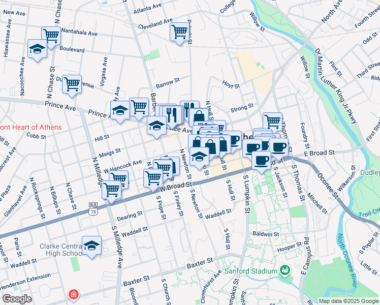 map of restaurants, bars, coffee shops, grocery stores, and more near 393 West Hancock Avenue in Athens
