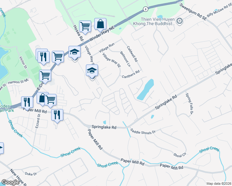 map of restaurants, bars, coffee shops, grocery stores, and more near 240 Springbottom Court Southeast in Lawrenceville