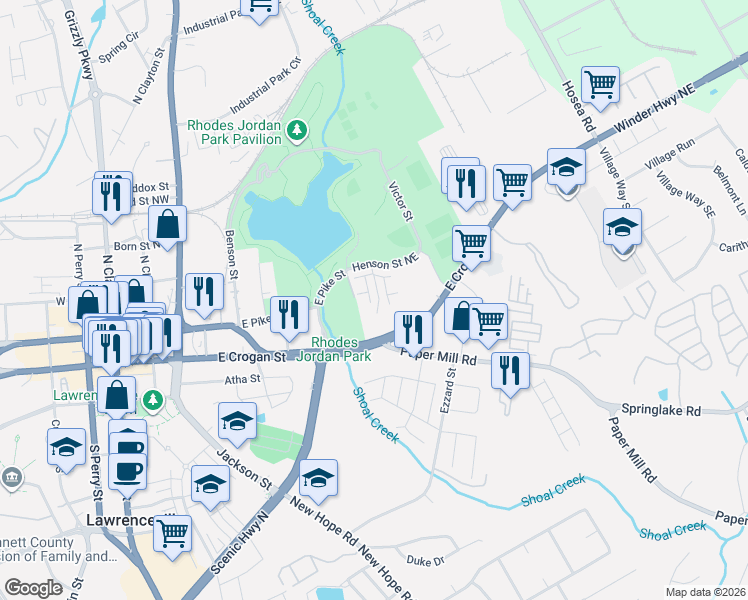 map of restaurants, bars, coffee shops, grocery stores, and more near Water Works Road in Lawrenceville