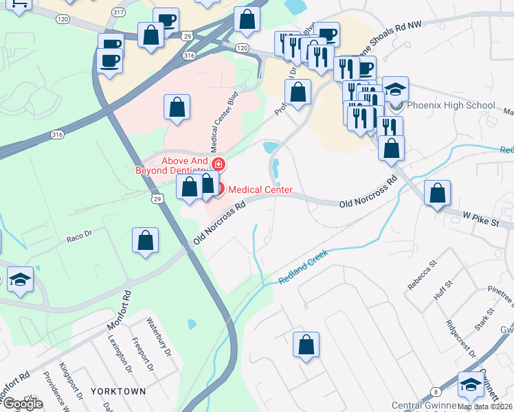 map of restaurants, bars, coffee shops, grocery stores, and more near 708 Old Norcross Road in Lawrenceville