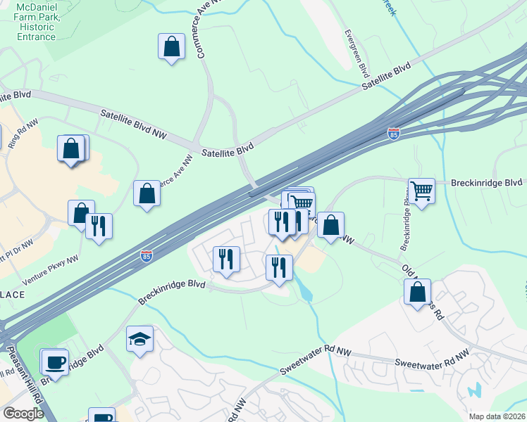 map of restaurants, bars, coffee shops, grocery stores, and more near 2792 Briaroak Drive in Duluth
