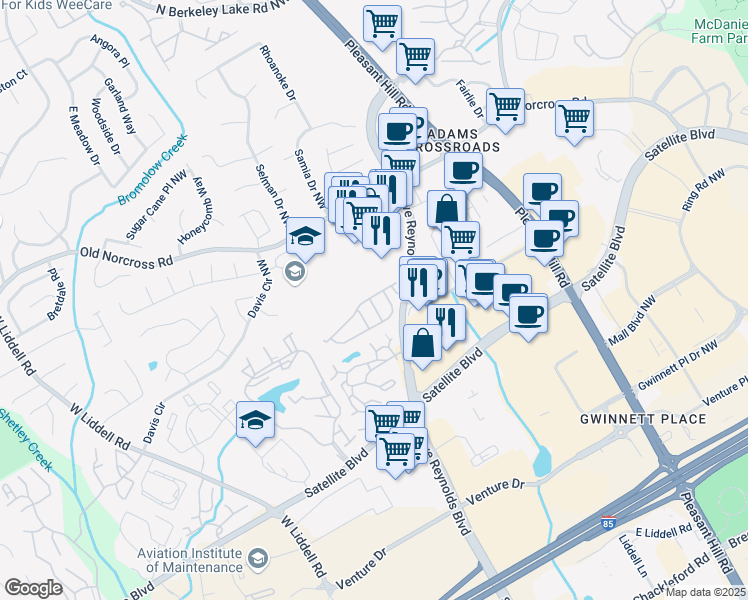 map of restaurants, bars, coffee shops, grocery stores, and more near 3812 Dandridge Drive in Duluth