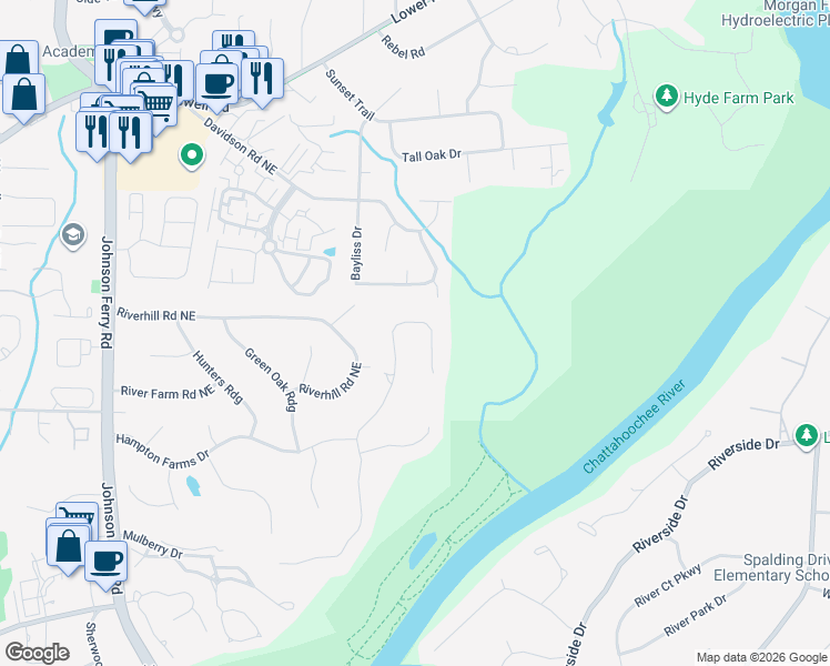 map of restaurants, bars, coffee shops, grocery stores, and more near 558 Gramercy Drive Northeast in Marietta