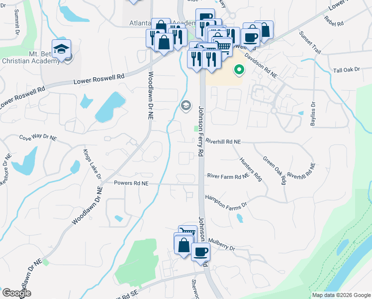 map of restaurants, bars, coffee shops, grocery stores, and more near 389 Fairbrook Circle in Marietta
