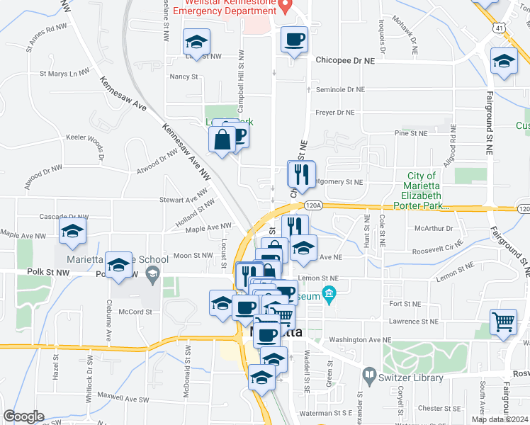 map of restaurants, bars, coffee shops, grocery stores, and more near 111 North Marietta Parkway Northeast in Marietta