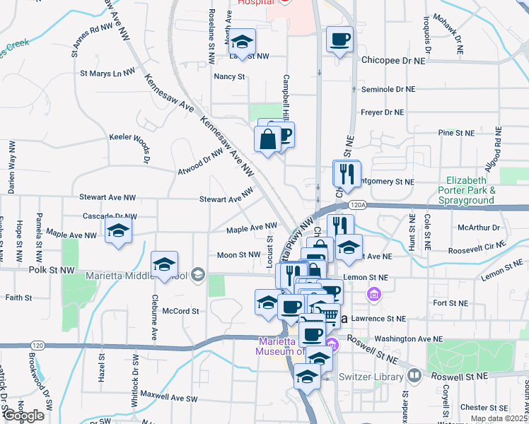 map of restaurants, bars, coffee shops, grocery stores, and more near 293 Kennesaw Avenue Northwest in Marietta