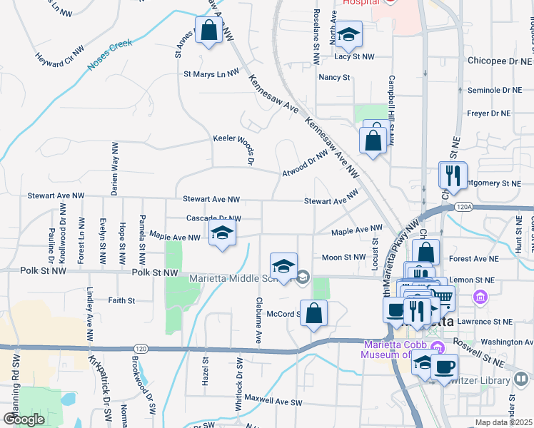 map of restaurants, bars, coffee shops, grocery stores, and more near 276 Cleburne Avenue Northwest in Marietta