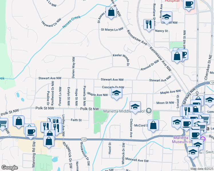 map of restaurants, bars, coffee shops, grocery stores, and more near 390 Cascade Drive Northwest in Marietta