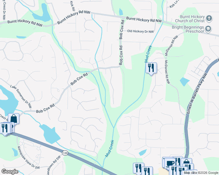 map of restaurants, bars, coffee shops, grocery stores, and more near 205 Cox Farm Road Northwest in Marietta
