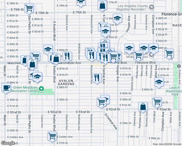 map of restaurants, bars, coffee shops, grocery stores, and more near 859 East 87th Place in Los Angeles