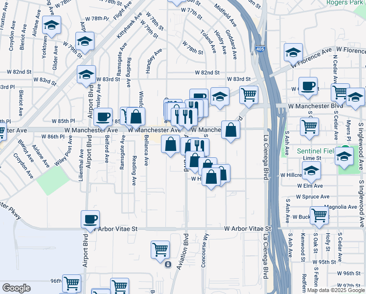 map of restaurants, bars, coffee shops, grocery stores, and more near 8651 Aviation Boulevard in Inglewood