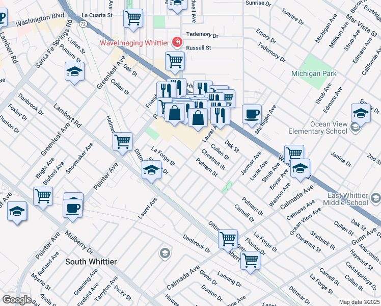 map of restaurants, bars, coffee shops, grocery stores, and more near 8603 Laurel Avenue in Whittier