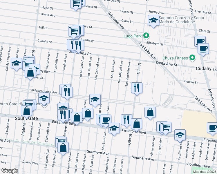 map of restaurants, bars, coffee shops, grocery stores, and more near 8433 San Luis Avenue in South Gate