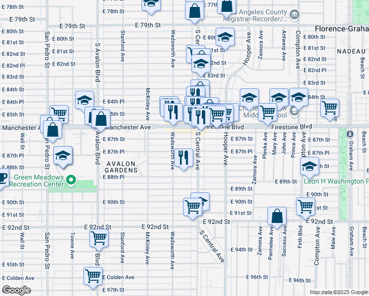 map of restaurants, bars, coffee shops, grocery stores, and more near 945 East 87th Place in Los Angeles