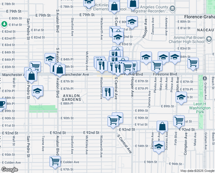 map of restaurants, bars, coffee shops, grocery stores, and more near 945 East 87th Place in Los Angeles