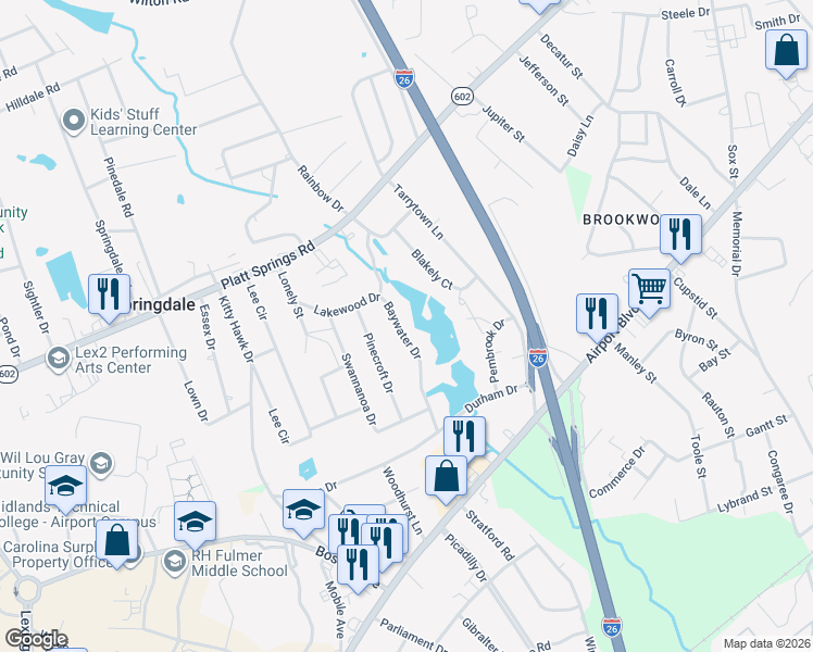 map of restaurants, bars, coffee shops, grocery stores, and more near 1121 Baywater Drive in West Columbia