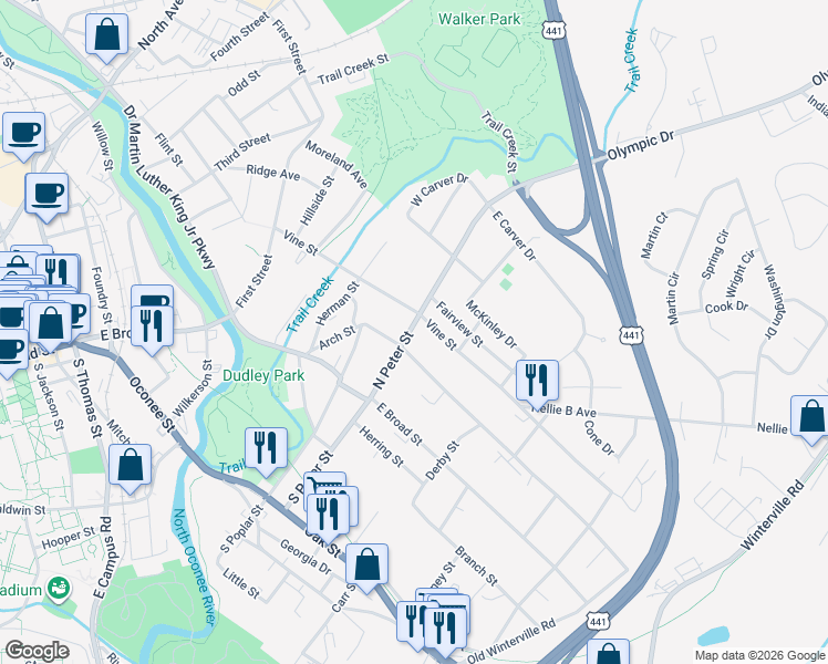 map of restaurants, bars, coffee shops, grocery stores, and more near 236 North Peter Street in Athens