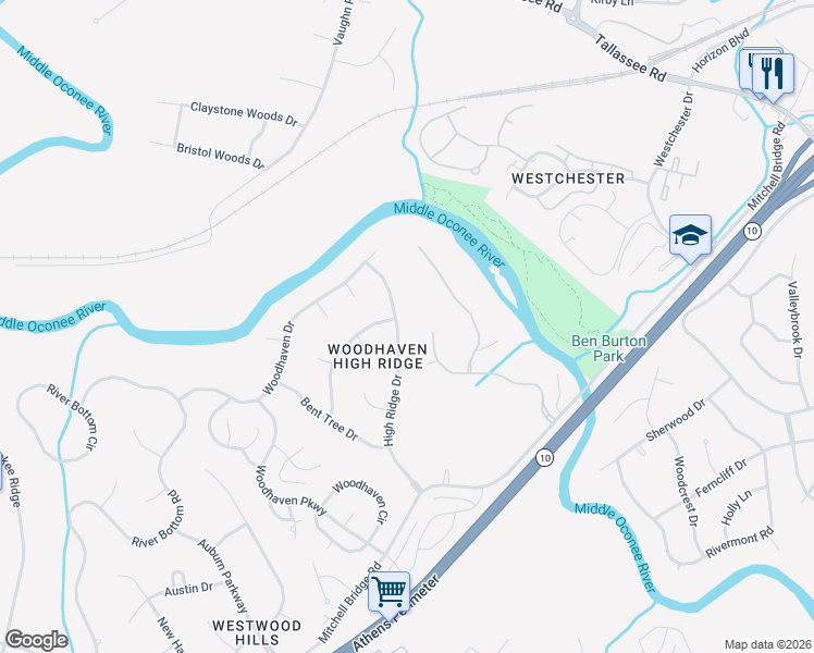 map of restaurants, bars, coffee shops, grocery stores, and more near 235 High Ridge Drive in Athens