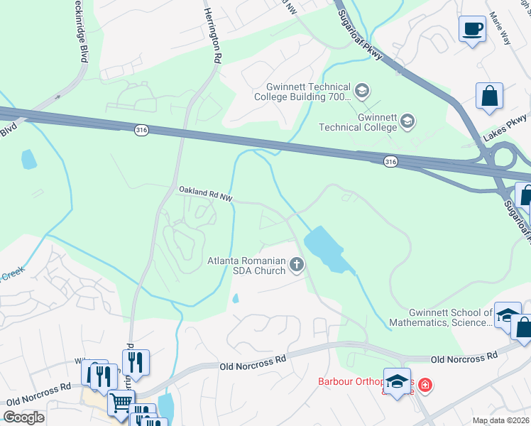 map of restaurants, bars, coffee shops, grocery stores, and more near 2254 Hawks Bluff Trail Northwest in Lawrenceville