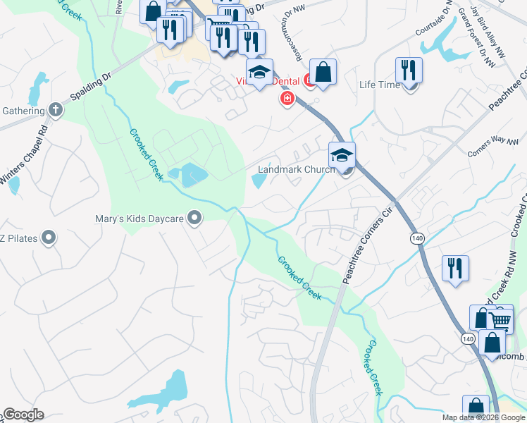 map of restaurants, bars, coffee shops, grocery stores, and more near 3772 Meadow Rue Lane in Norcross