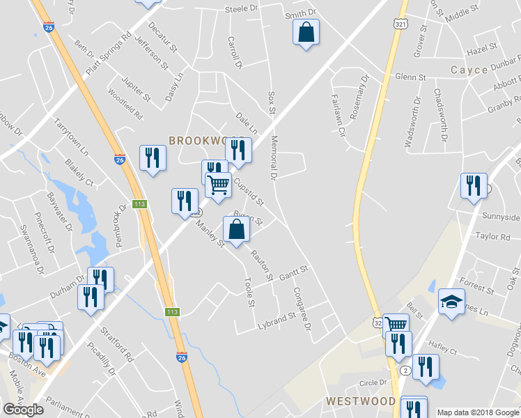 map of restaurants, bars, coffee shops, grocery stores, and more near 1824 Cupstid Street in Cayce