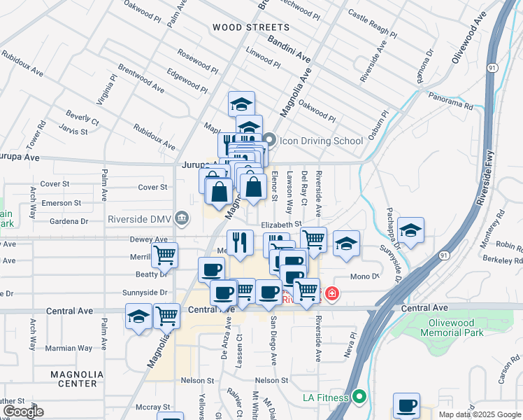 map of restaurants, bars, coffee shops, grocery stores, and more near 3757 Elizabeth Street in Riverside