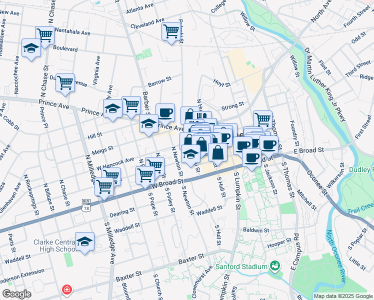 map of restaurants, bars, coffee shops, grocery stores, and more near 345 West Hancock Avenue in Athens