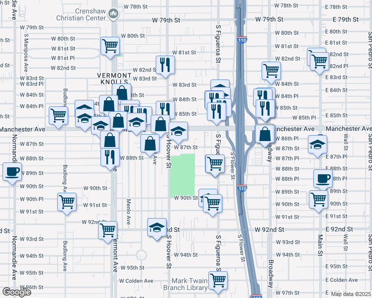 map of restaurants, bars, coffee shops, grocery stores, and more near 618 2/5 West 87th Street in Los Angeles