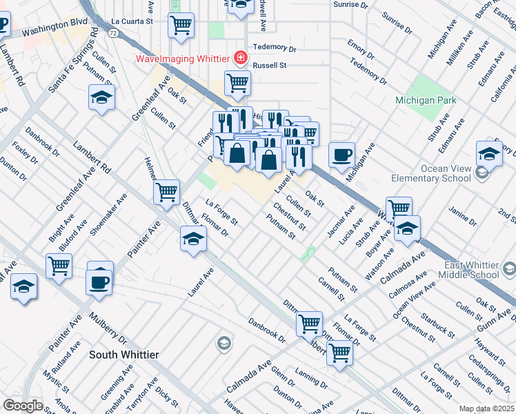 map of restaurants, bars, coffee shops, grocery stores, and more near 8603 Laurel Avenue in Whittier