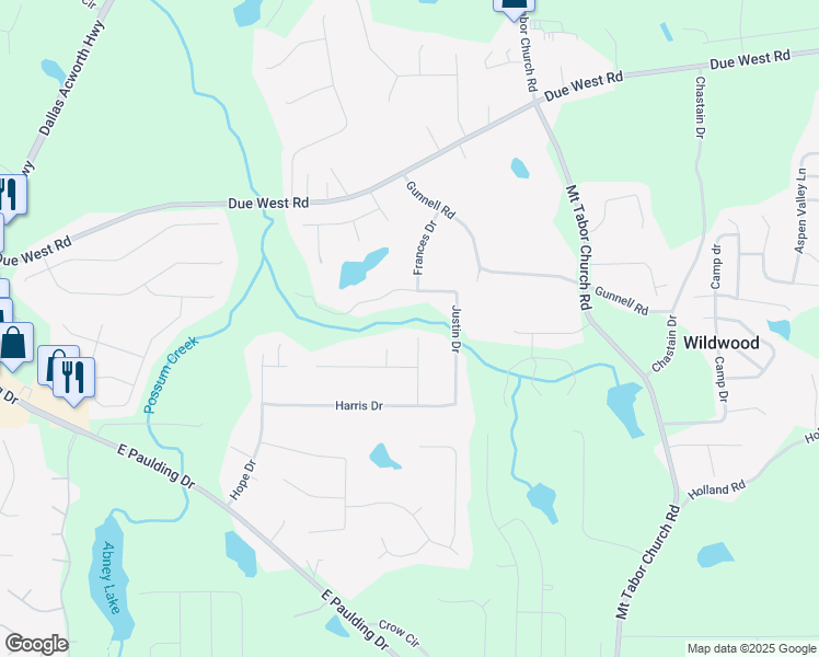 map of restaurants, bars, coffee shops, grocery stores, and more near 153 Dogwood Court in Dallas