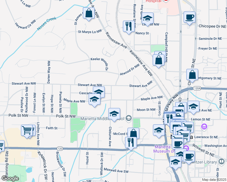 map of restaurants, bars, coffee shops, grocery stores, and more near 276 Cleburne Avenue Northwest in Marietta