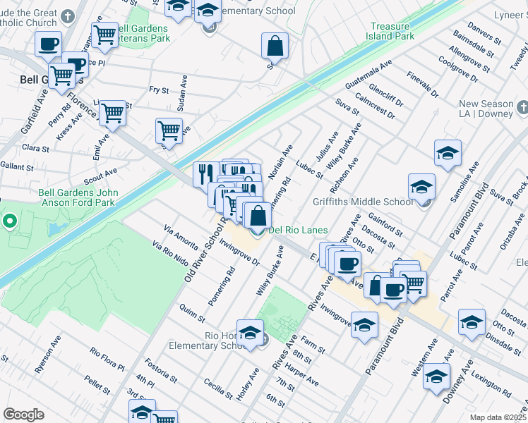 map of restaurants, bars, coffee shops, grocery stores, and more near 10023 Pomering Road in Downey