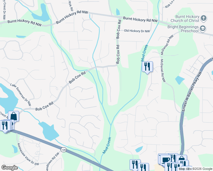 map of restaurants, bars, coffee shops, grocery stores, and more near 205 Cox Farm Road Northwest in Marietta