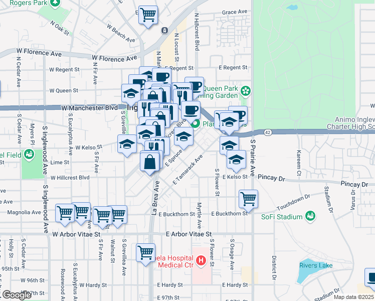 map of restaurants, bars, coffee shops, grocery stores, and more near 320 East Spruce Avenue in Inglewood