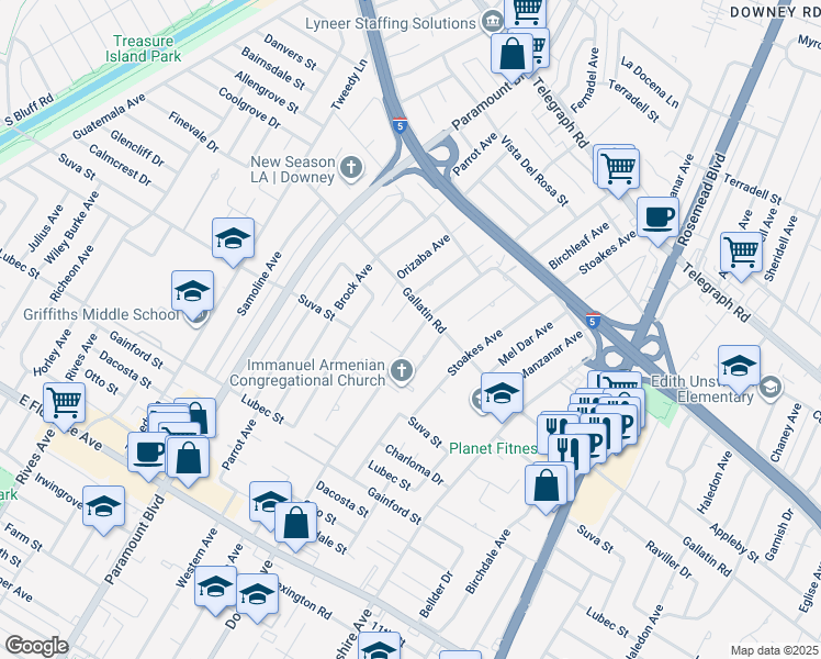 map of restaurants, bars, coffee shops, grocery stores, and more near 9325 Downey Avenue in Downey