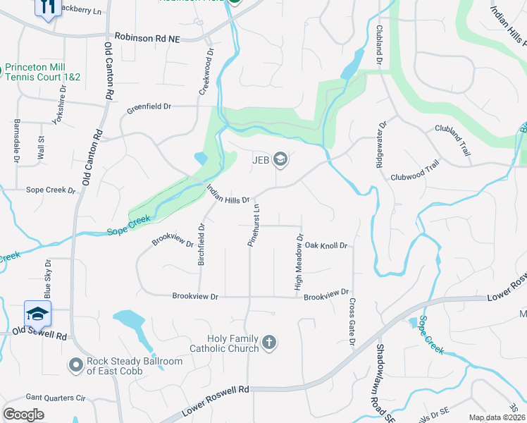 map of restaurants, bars, coffee shops, grocery stores, and more near 342 Pinehurst Lane in Marietta