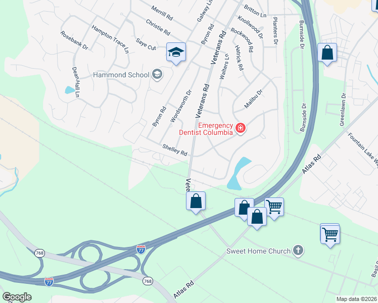 map of restaurants, bars, coffee shops, grocery stores, and more near 6960 Shelley Road in Columbia