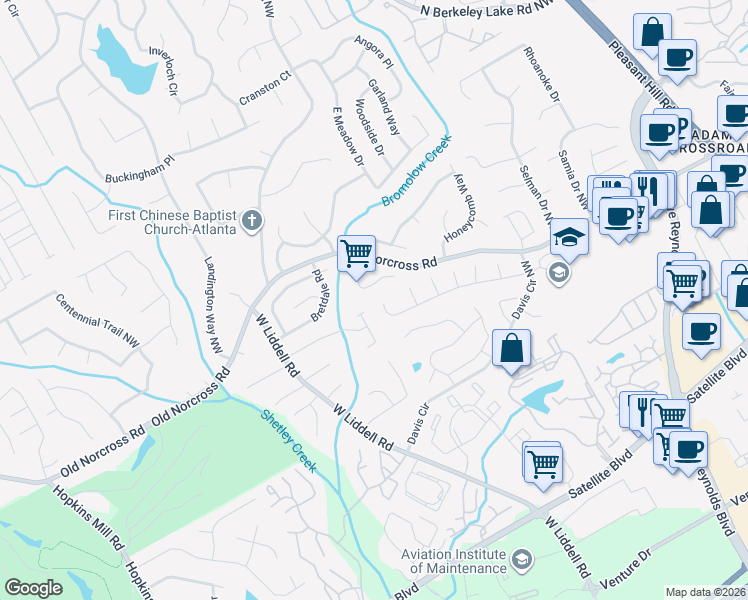 map of restaurants, bars, coffee shops, grocery stores, and more near 2383 Berkeley Creek Court in Duluth