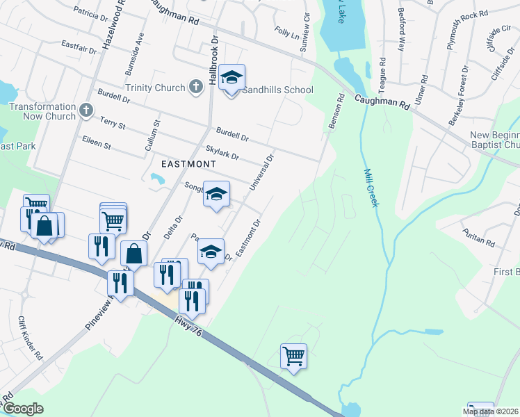 map of restaurants, bars, coffee shops, grocery stores, and more near 1110 Eastmont Drive in Columbia