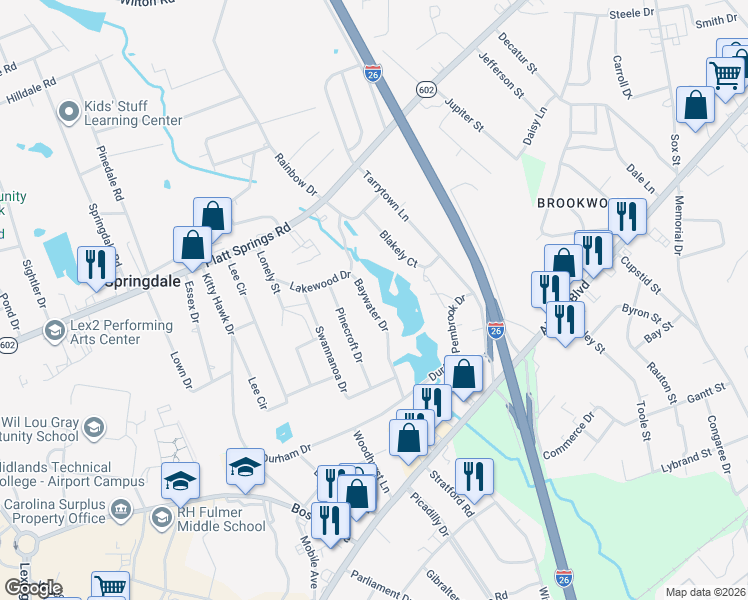 map of restaurants, bars, coffee shops, grocery stores, and more near 1121 Baywater Drive in West Columbia