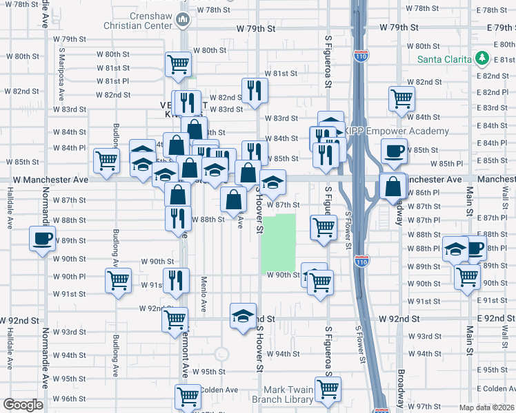 map of restaurants, bars, coffee shops, grocery stores, and more near 8701 South Hoover Street in Los Angeles