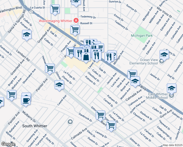 map of restaurants, bars, coffee shops, grocery stores, and more near 13627 Chestnut Street in Whittier