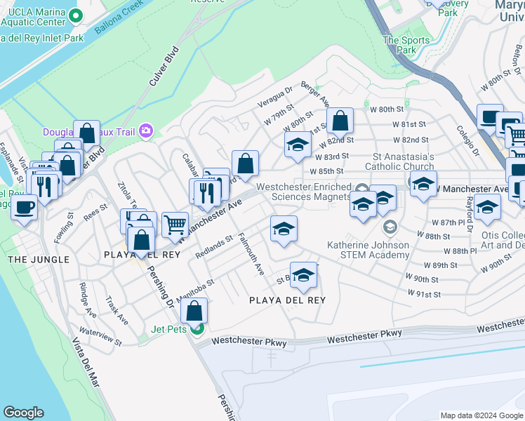 map of restaurants, bars, coffee shops, grocery stores, and more near 8505 Gulana Avenue in Los Angeles