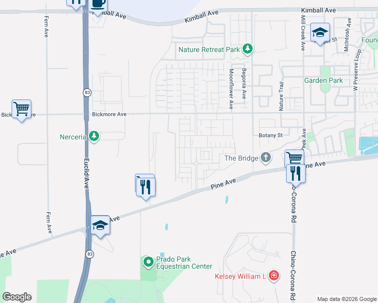 map of restaurants, bars, coffee shops, grocery stores, and more near 7457 Channel View Street in Chino