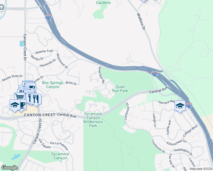 map of restaurants, bars, coffee shops, grocery stores, and more near 5100 Quail Run Road in Riverside