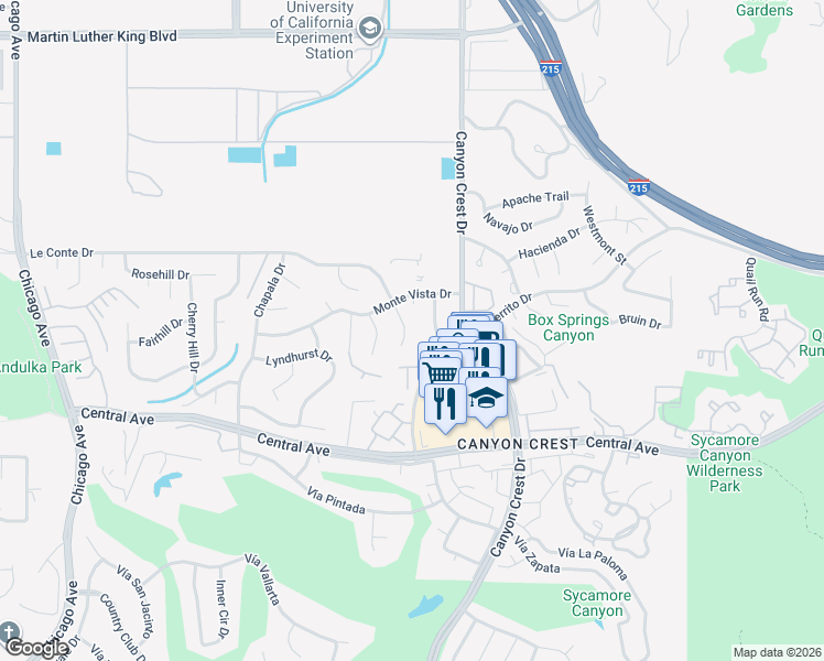 map of restaurants, bars, coffee shops, grocery stores, and more near 955 Le Conte Drive in Riverside